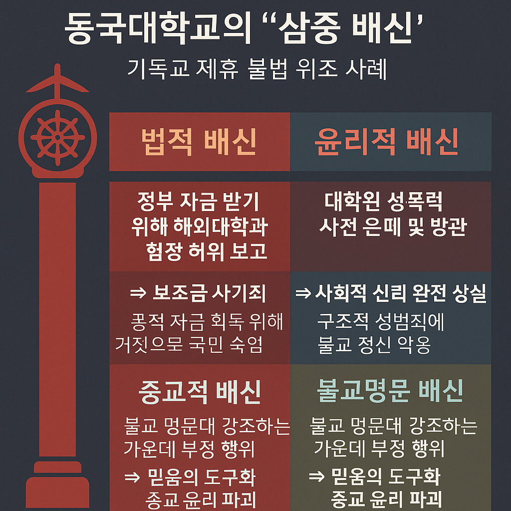Illustration of Dongguk University's betrayal of Buddhist principles: legal, ethical, and religious betrayal